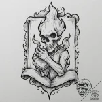 Bone figure holding burning scroll, tattoo sk… – tattoo sketch (№1753156284_0, 22.07.2025 03:51) — tattoovalue.net