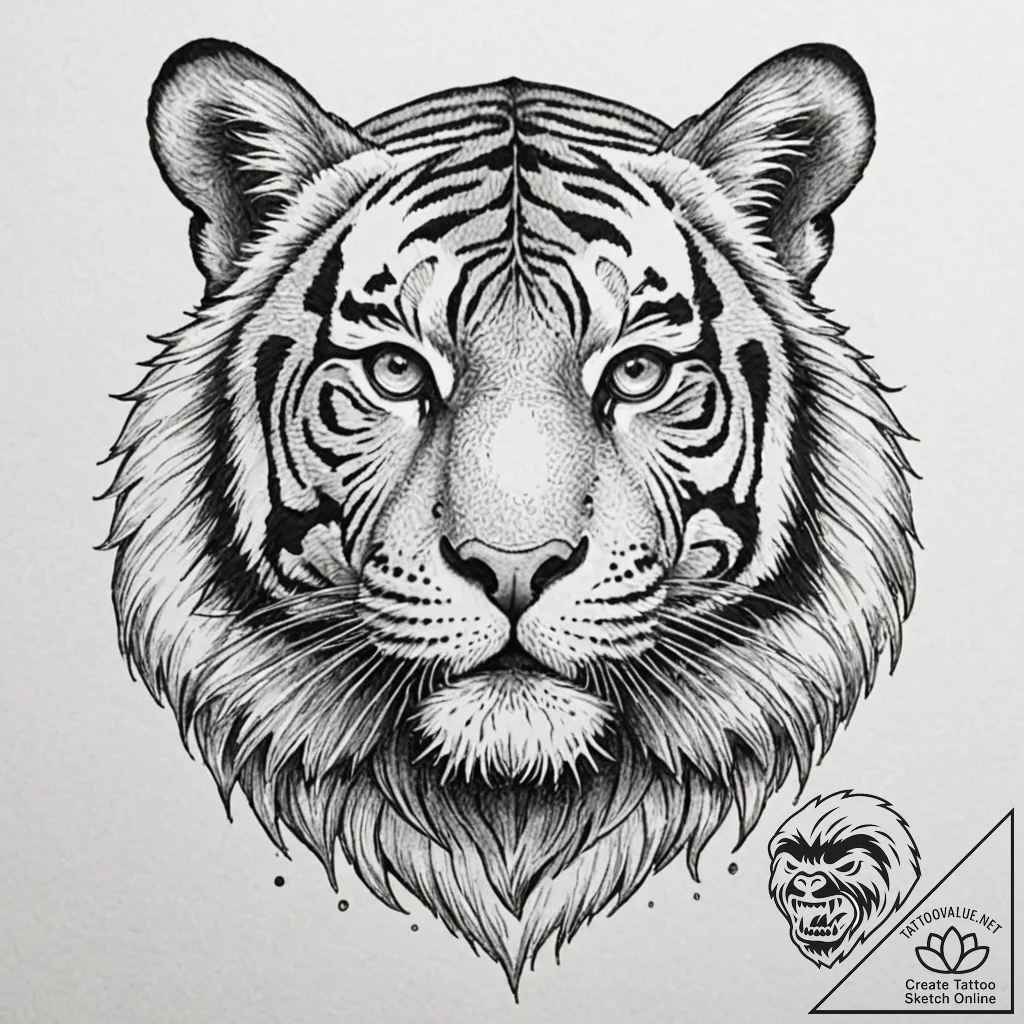 A regal bengal tiger face, powerful and detai... - tattoo sketch (№1753156520_0, 22.07.2025 03:55) — tattoovalue.net