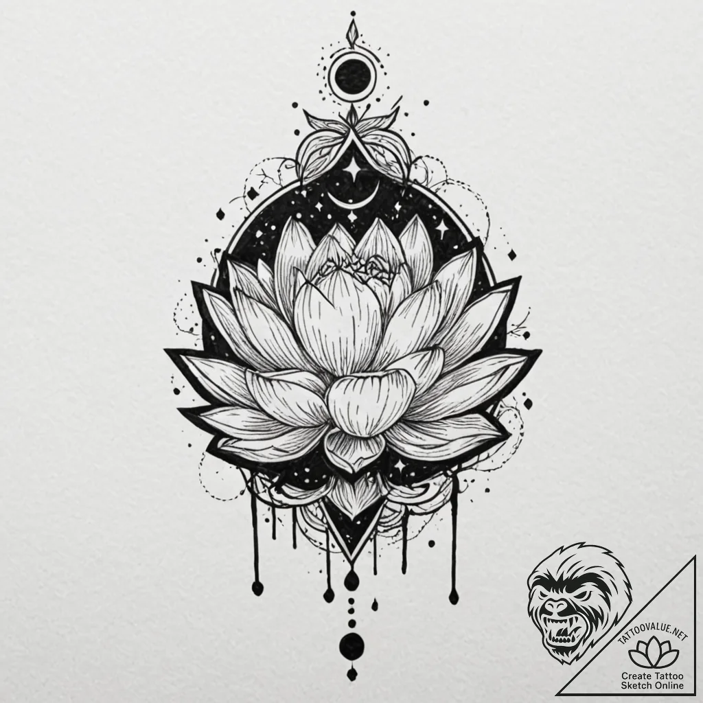 Lotus crown beneath shattered moon, tattoo fl... - tattoo sketch (№1753157936_0, 22.07.2025 04:18) — tattoovalue.net