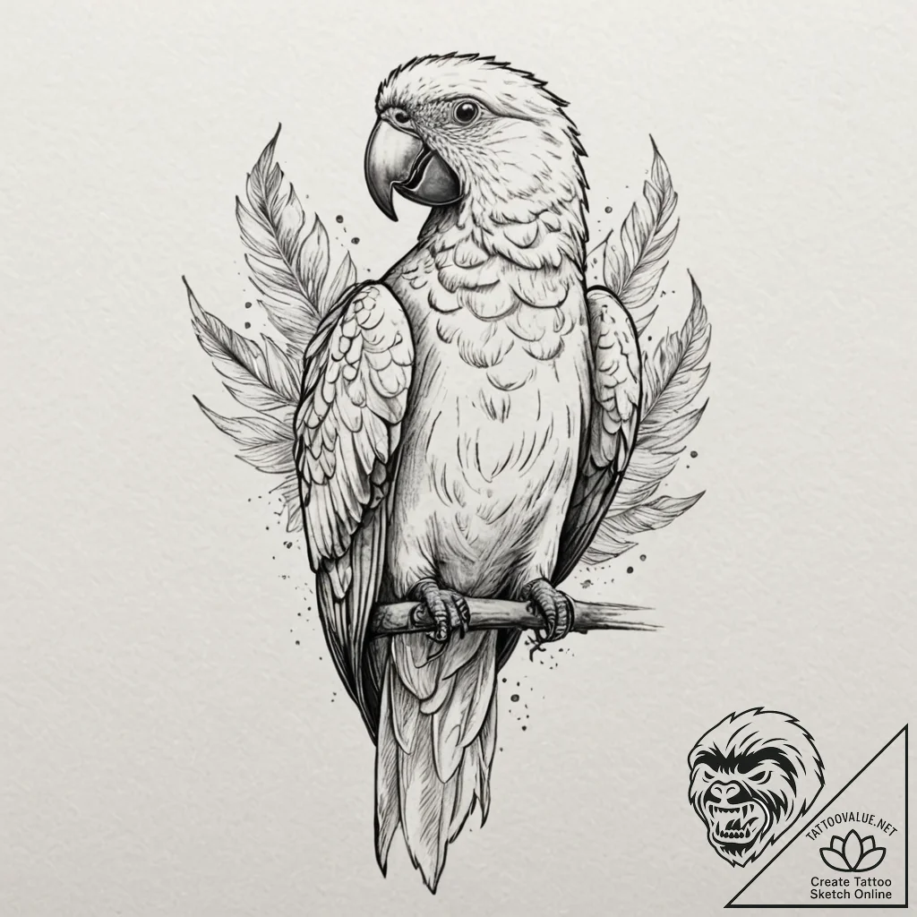 Parrot with plumage of fire and embers, tatto... - tattoo sketch (№1753158172_0, 22.07.2025 04:22) — tattoovalue.net