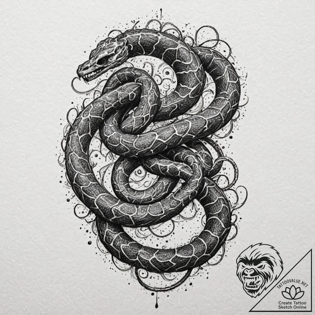 Serpent coil around skeletal key, tattoo sket... - tattoo sketch (№1753158405_0, 22.07.2025 04:26) — tattoovalue.net