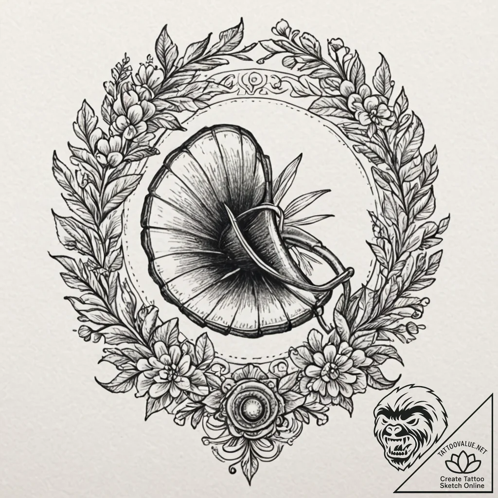 A gramophone with flowers growing out of the... - tattoo sketch (№1753158484_0, 22.07.2025 04:28) — tattoovalue.net