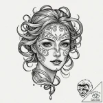 Engraved mask leaking shadows, ink illustrati… – tattoo sketch (№1753159428_0, 22.07.2025 04:43) — tattoovalue.net