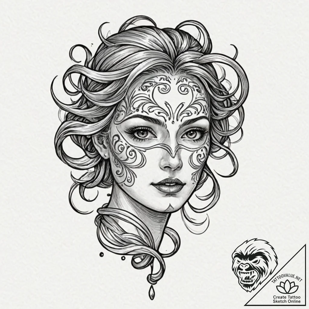 Engraved mask leaking shadows, ink illustrati... - tattoo sketch (№1753159428_0, 22.07.2025 04:43) — tattoovalue.net