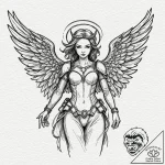 Armored angel with cracked halo, artistic tat… – tattoo sketch (№1753159743_0, 22.07.2025 04:49) — tattoovalue.net