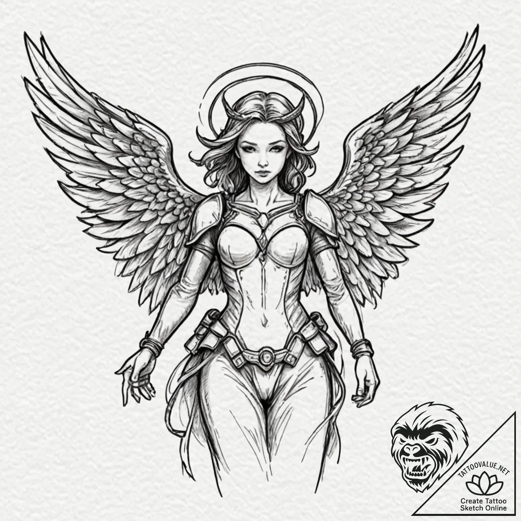 Armored angel with cracked halo, artistic tat... - tattoo sketch (№1753159743_0, 22.07.2025 04:49) — tattoovalue.net