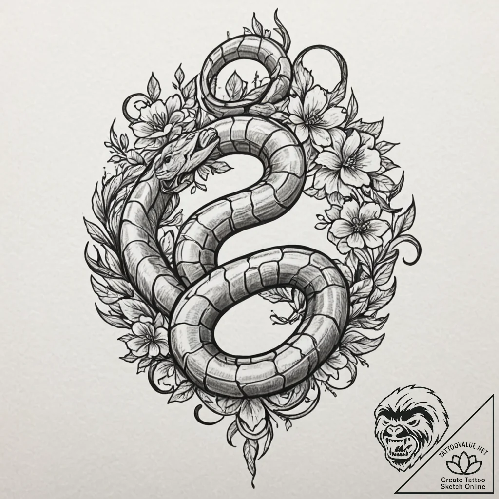 Nascent serpent coiled in bloom, artistic tat... - tattoo sketch (№1753159823_0, 22.07.2025 04:50) — tattoovalue.net