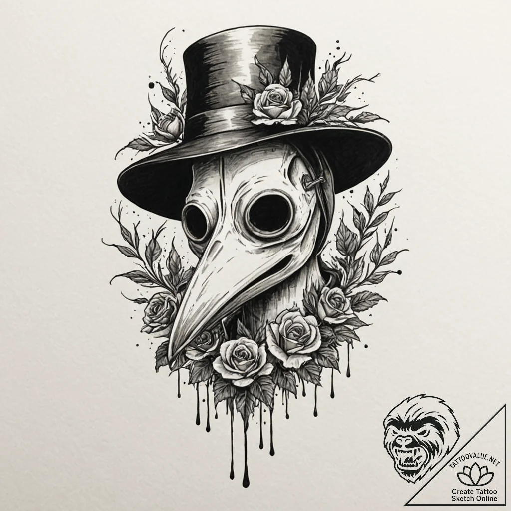Plague doctor's mask filled with dried, black... - tattoo sketch (№1753160374_0, 22.07.2025 04:59) — tattoovalue.net