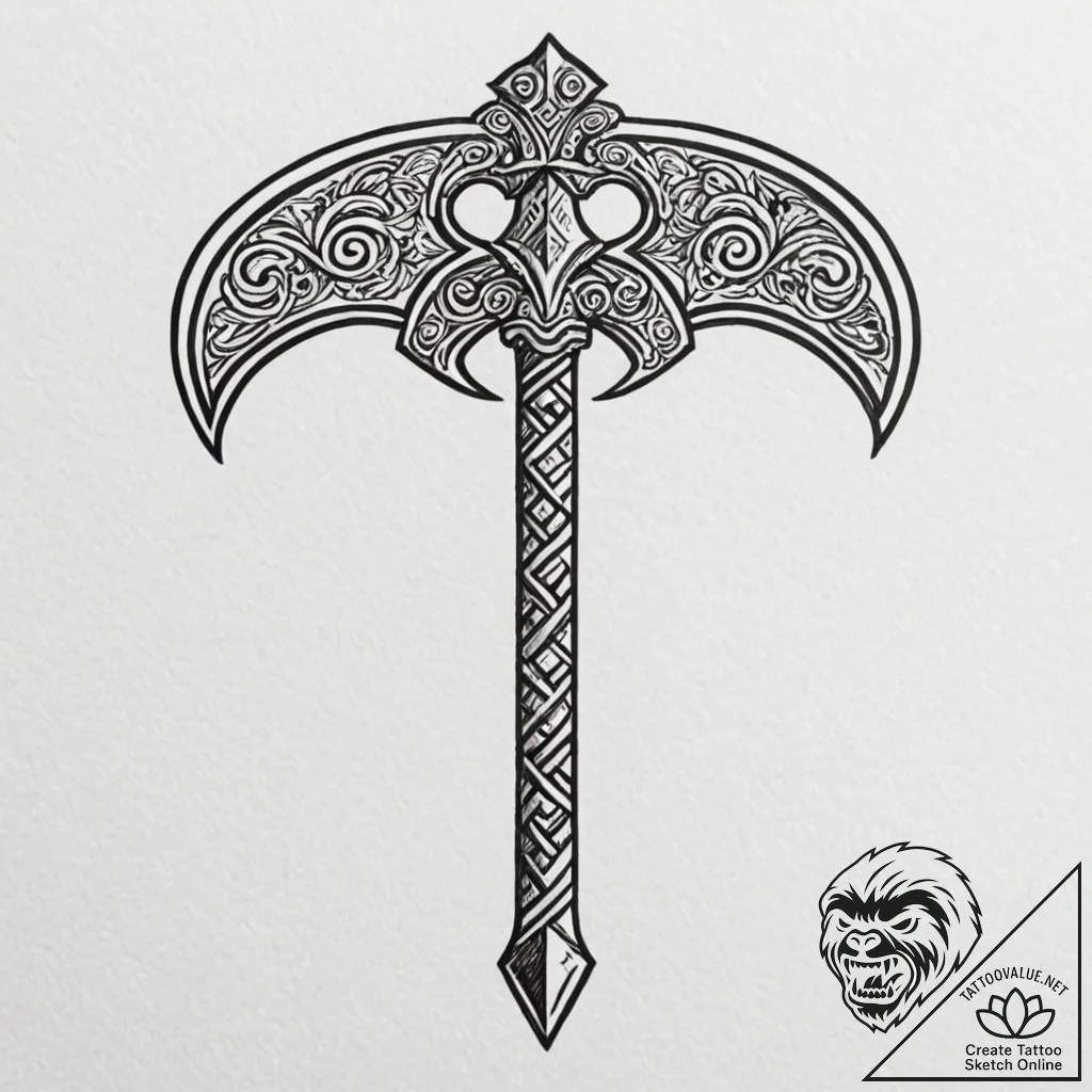 Barbarian's battle-axe with a nordic knotwork... - tattoo sketch (№1753161865_0, 22.07.2025 05:24) — tattoovalue.net