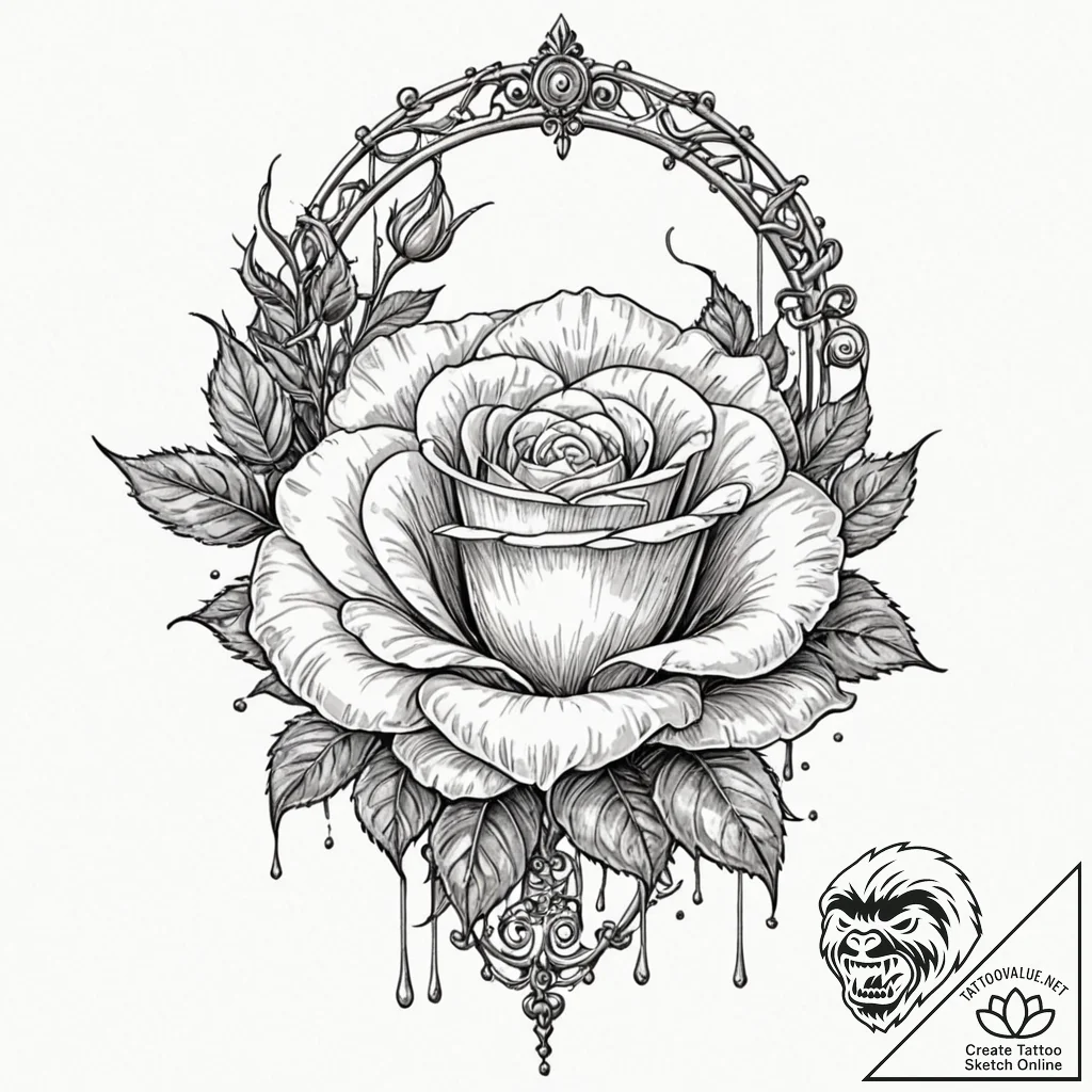 Engraved rose beneath spectral gate, artistic... - tattoo sketch (№1753163604_0, 22.07.2025 05:53) — tattoovalue.net