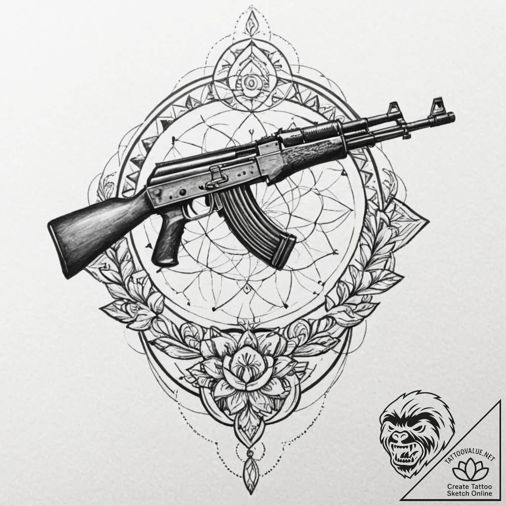Ak-47 machine gun, concept art for tattoo, so... - tattoo sketch (№1753164080_0, 22.07.2025 06:01) — tattoovalue.net