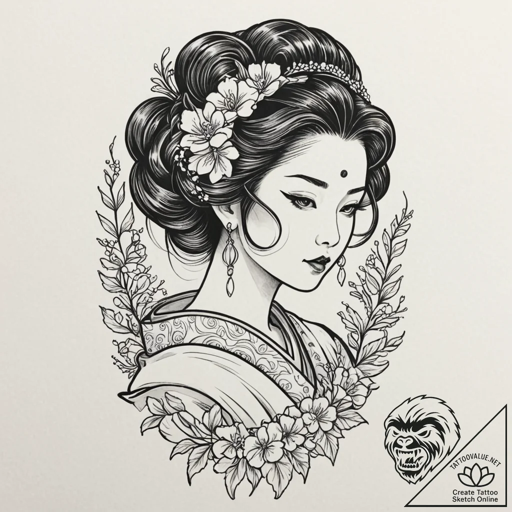 Jade comb in a geisha's hair, tattoo flash sh... - tattoo sketch (№1753165420_0, 22.07.2025 06:23) — tattoovalue.net