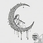 Oak flute singing to crescent moon, ink illus… – tattoo sketch (№1753165499_0, 22.07.2025 06:24) — tattoovalue.net