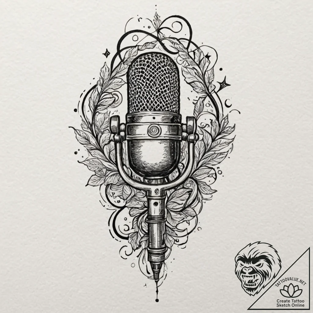 Karaoke mic with vines and stars, tattoo line... - tattoo sketch (№1753166683_0, 22.07.2025 06:44) — tattoovalue.net