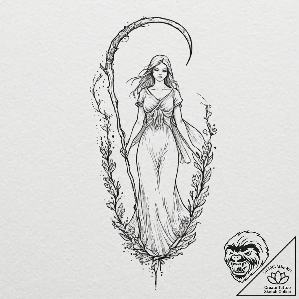 Ritual scythe beneath spectral veil, tattoo d... - tattoo sketch (№1753166840_0, 22.07.2025 06:47) — tattoovalue.net