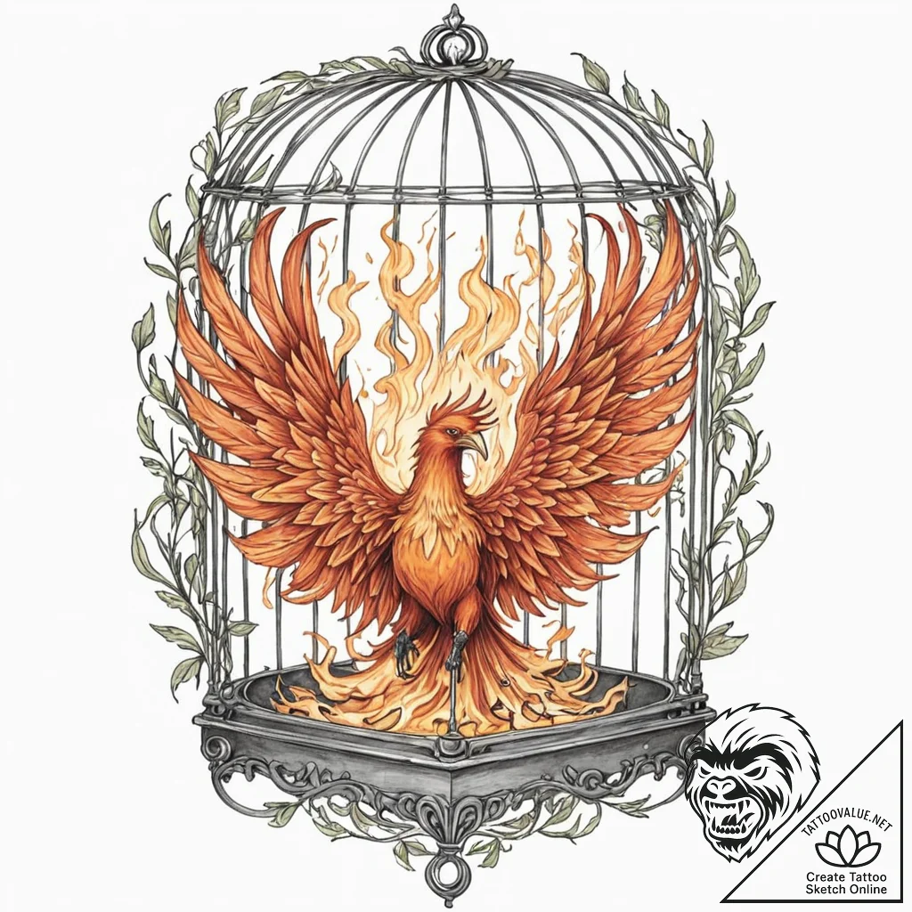 Burning phoenix trapped in cage, ink illustra... - tattoo sketch (№1753167550_0, 22.07.2025 06:59) — tattoovalue.net