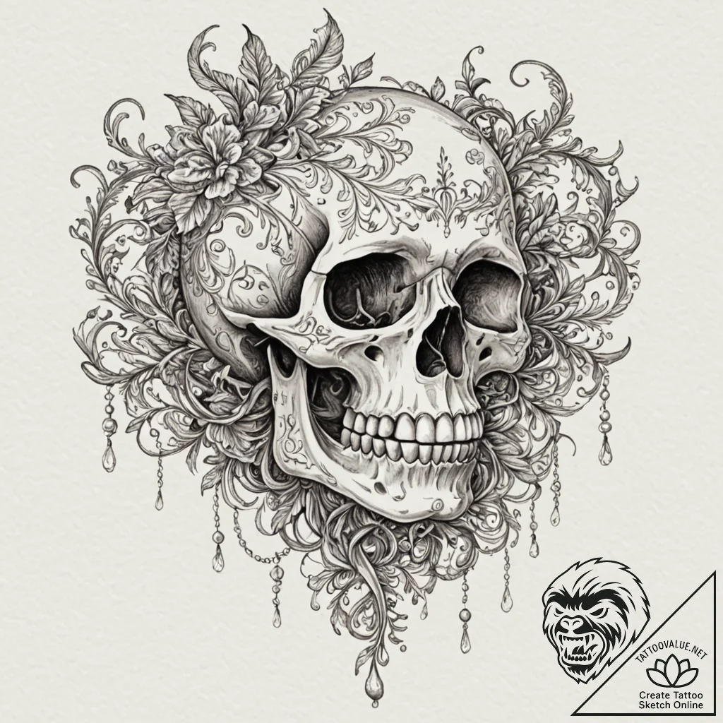 Pearls spilling from skeletal jaw, tattoo dra... - tattoo sketch (№1753168101_0, 22.07.2025 07:08) — tattoovalue.net