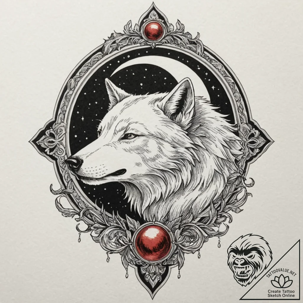Spectral wolf beneath crimson moon, tattoo fl... - tattoo sketch (№1753168259_0, 22.07.2025 07:10) — tattoovalue.net