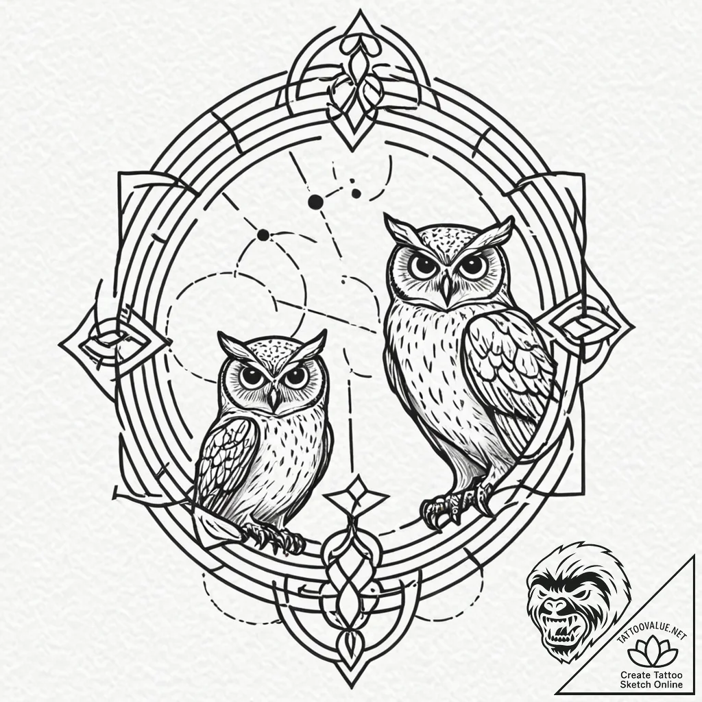 Graveyard gate guarded by two stone owls, tat... - tattoo sketch (№1753168653_0, 22.07.2025 07:17) — tattoovalue.net