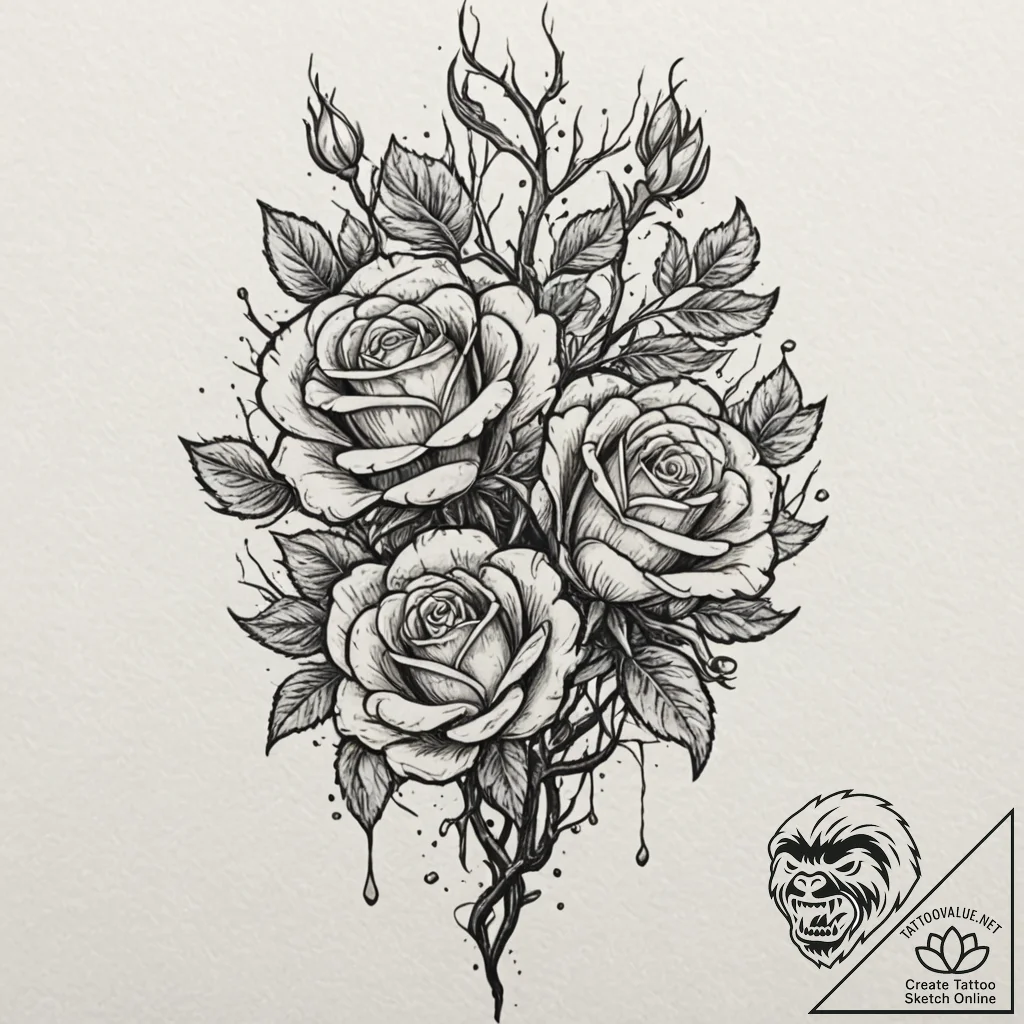 Burning roses entwining skeletal tree, tattoo... - tattoo sketch (№1753169365_0, 22.07.2025 07:29) — tattoovalue.net