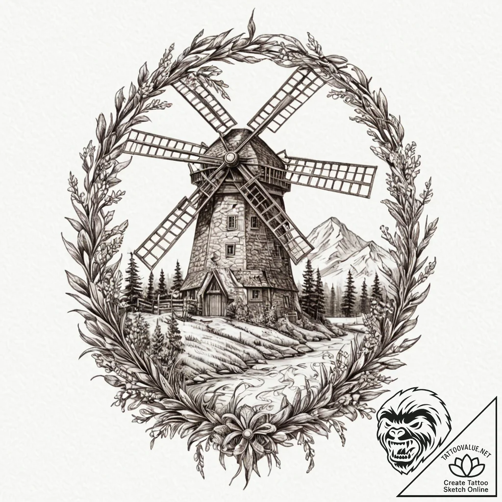 Windmill, harnessing the power of nature, tat... - tattoo sketch (№1753170078_0, 22.07.2025 07:41) — tattoovalue.net