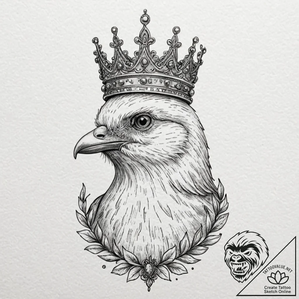 A whimsical bird with a crown, regal,, ink il... - tattoo sketch (№1753170394_0, 22.07.2025 07:46) — tattoovalue.net