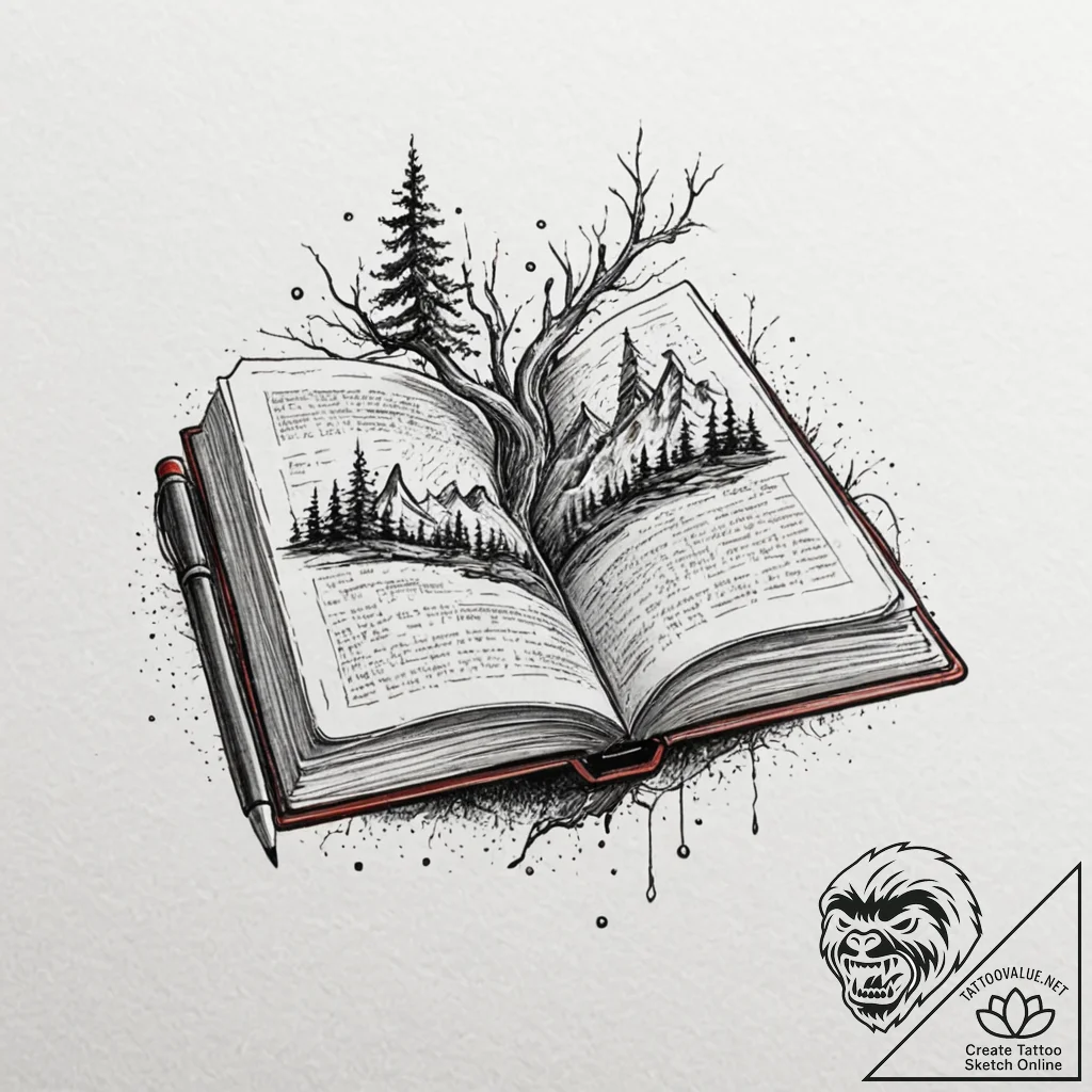 A book with a fantasy world growing from its... - tattoo sketch (№1753171262_0, 22.07.2025 08:01) — tattoovalue.net
