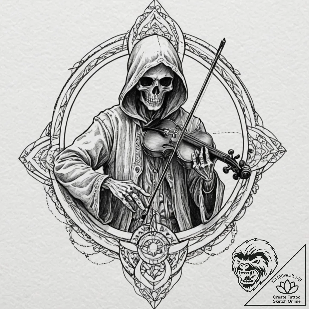 Grim reaper playing a skeletal violin, tattoo... - tattoo sketch (№1753171420_0, 22.07.2025 08:03) — tattoovalue.net