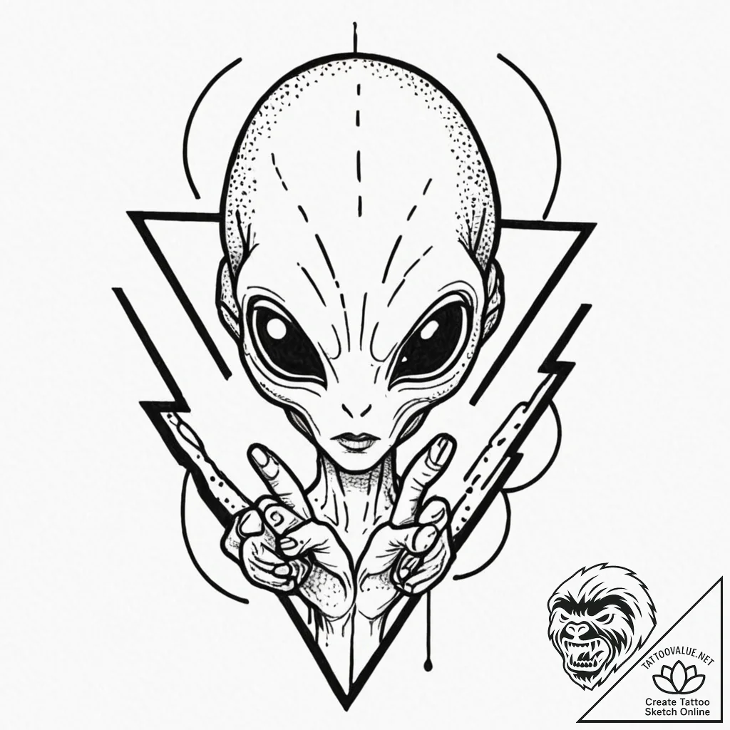 Alien head giving a peace sign, tattoo drawin... - tattoo sketch (№1753171736_0, 22.07.2025 08:08) — tattoovalue.net