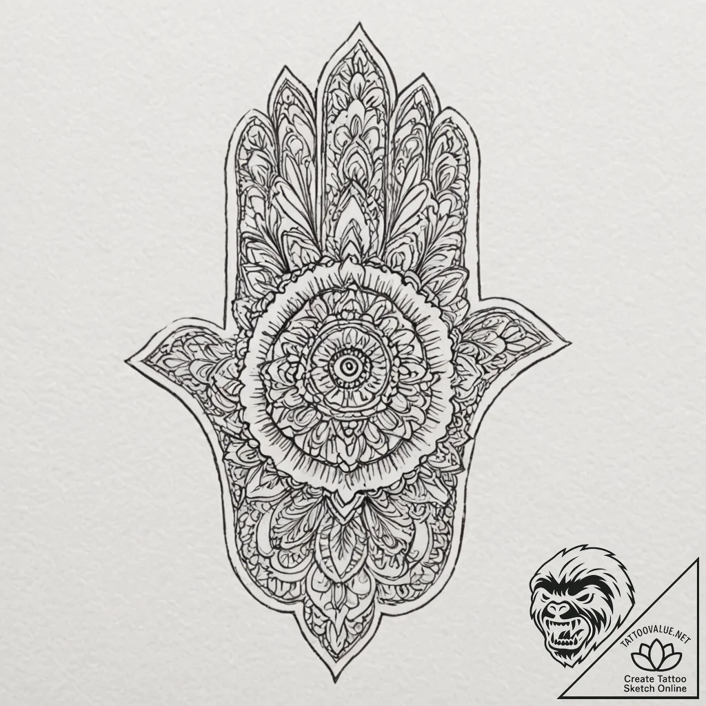 Hamsa hand with delicate mandala patterns and... - tattoo sketch (№1753172049_0, 22.07.2025 08:14) — tattoovalue.net