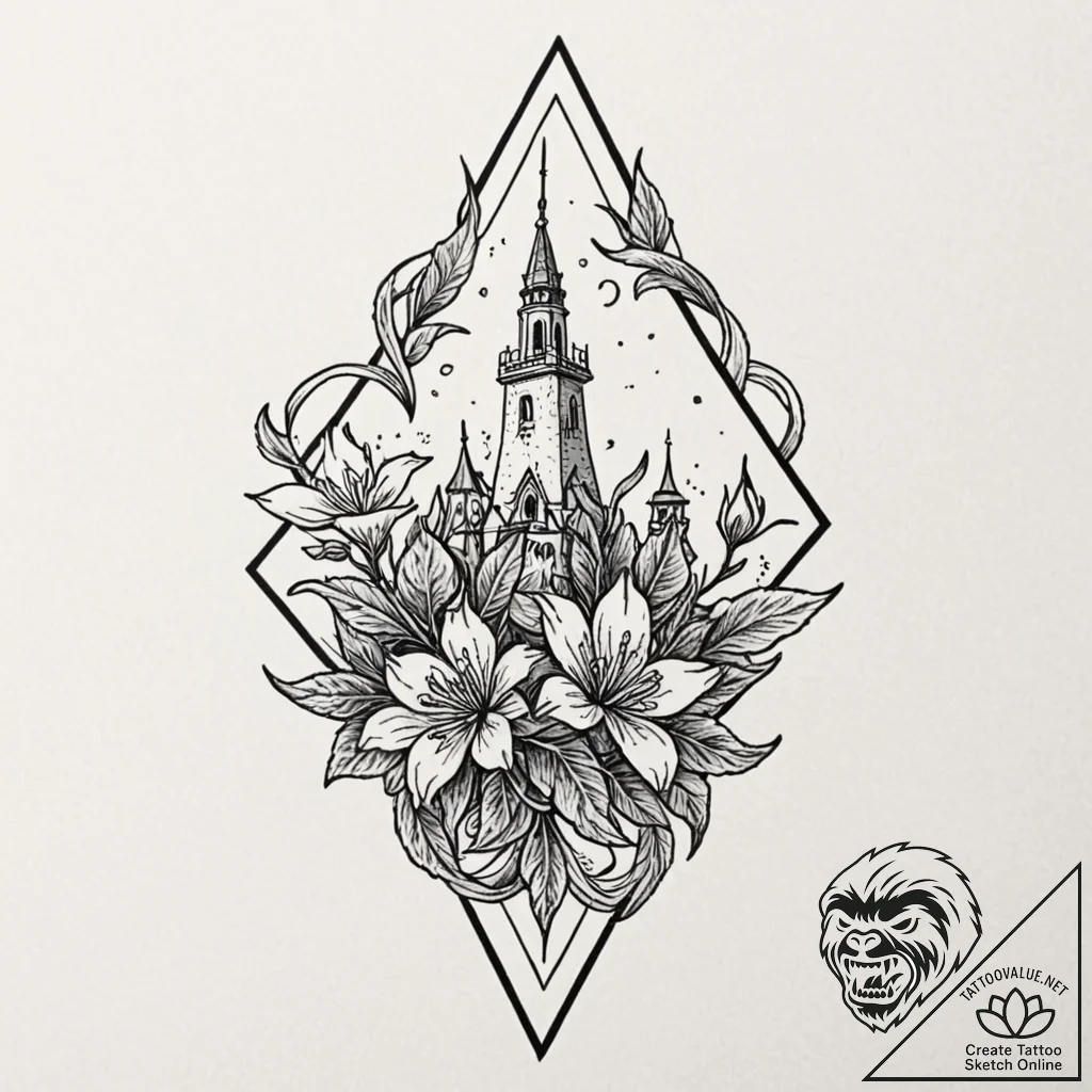 Nightshade bloom beneath spectral spire, tatt... - tattoo sketch (№1753172678_0, 22.07.2025 08:24) — tattoovalue.net