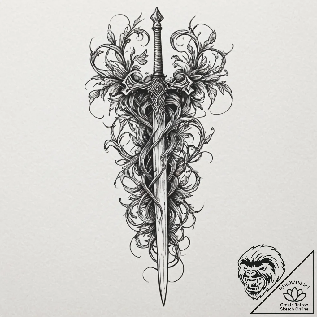 Dagger entwined with spirit vines, tattoo ske... - tattoo sketch (№1753172835_0, 22.07.2025 08:27) — tattoovalue.net