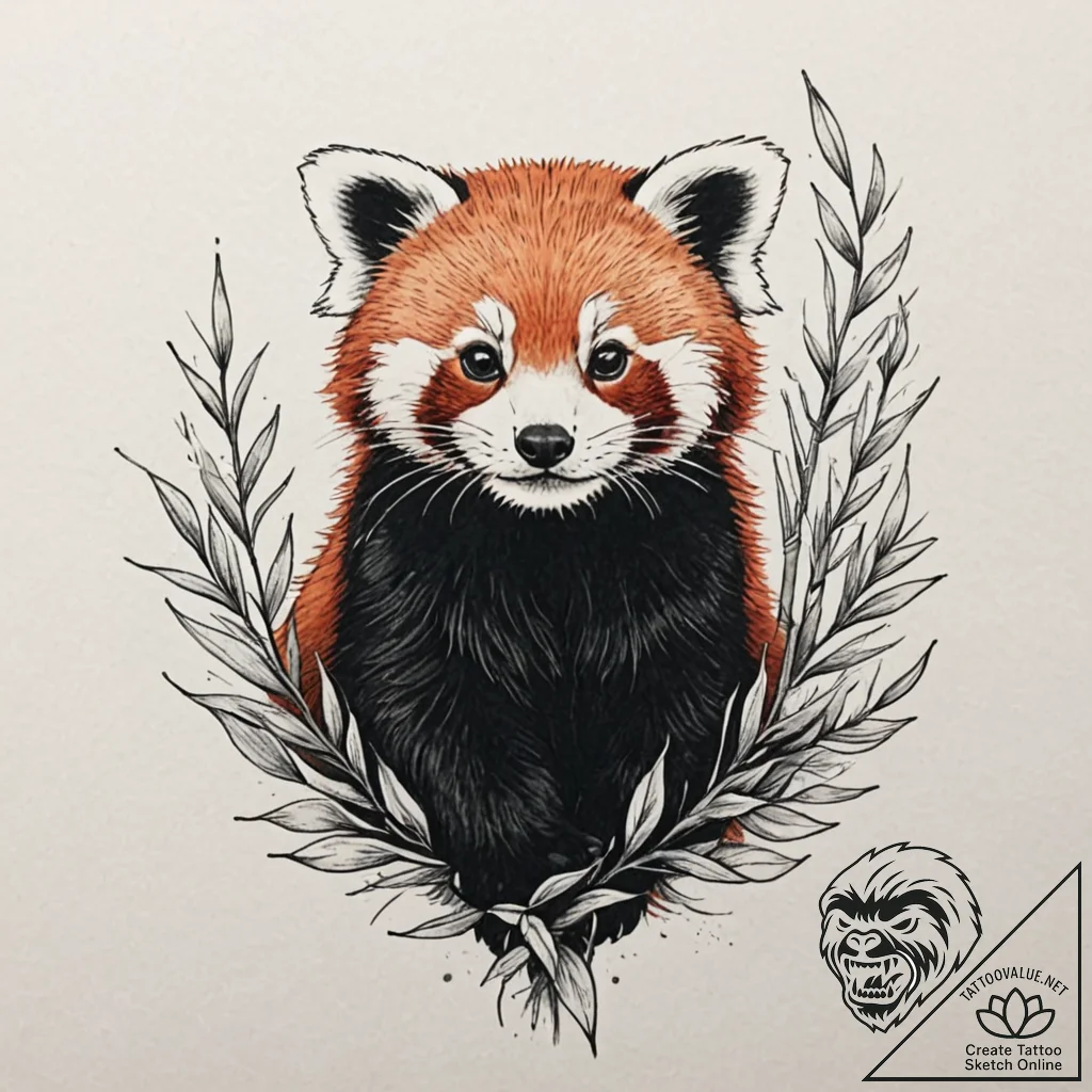Red panda curled around a sprig of bamboo, in... - tattoo sketch (№1753173231_0, 22.07.2025 08:33) — tattoovalue.net