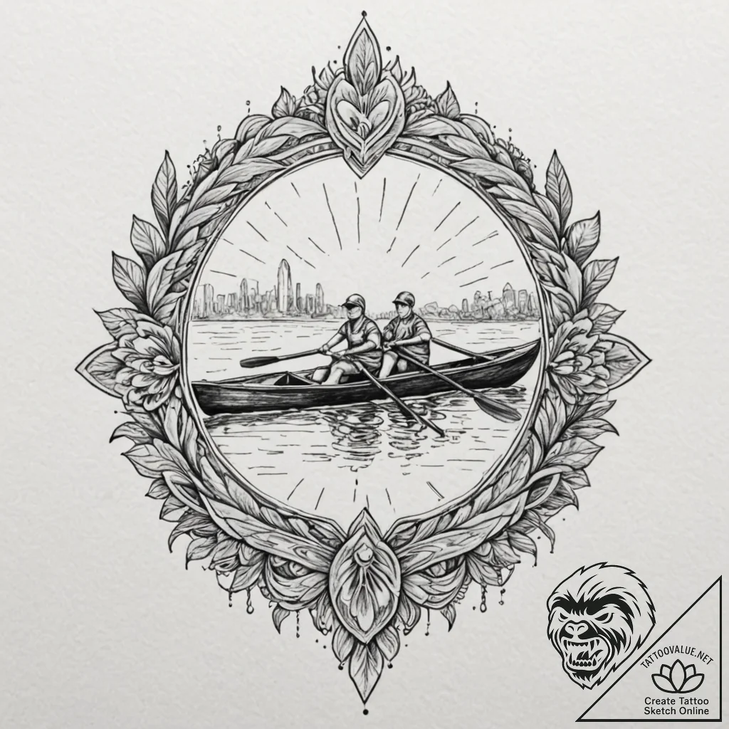 Rowing shell, sleek and fast, moving in uniso... - tattoo sketch (№1753173942_0, 22.07.2025 08:45) — tattoovalue.net