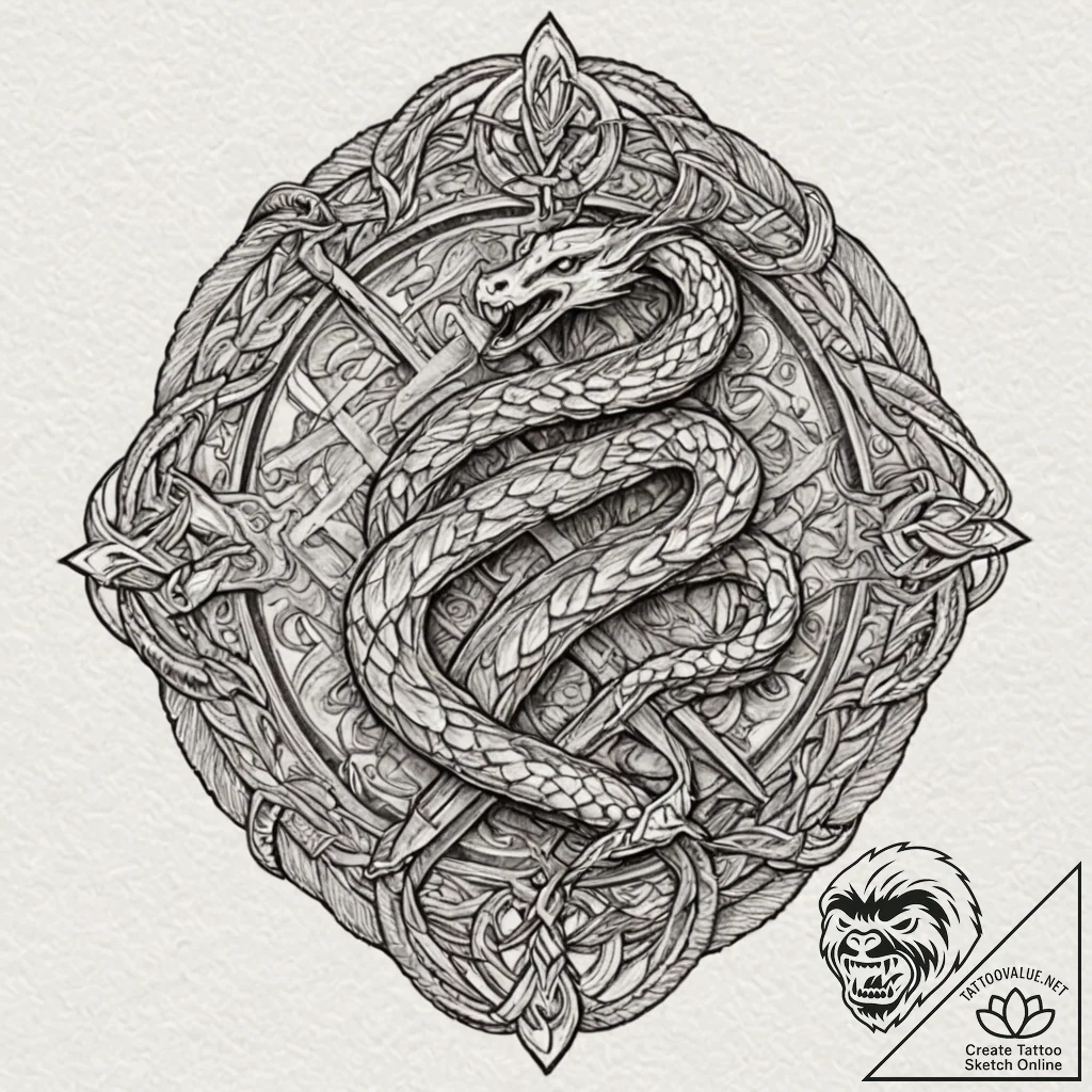 Knotwork serpent devouring runes, tattoo flas... - tattoo sketch (№1753174570_0, 22.07.2025 08:56) — tattoovalue.net