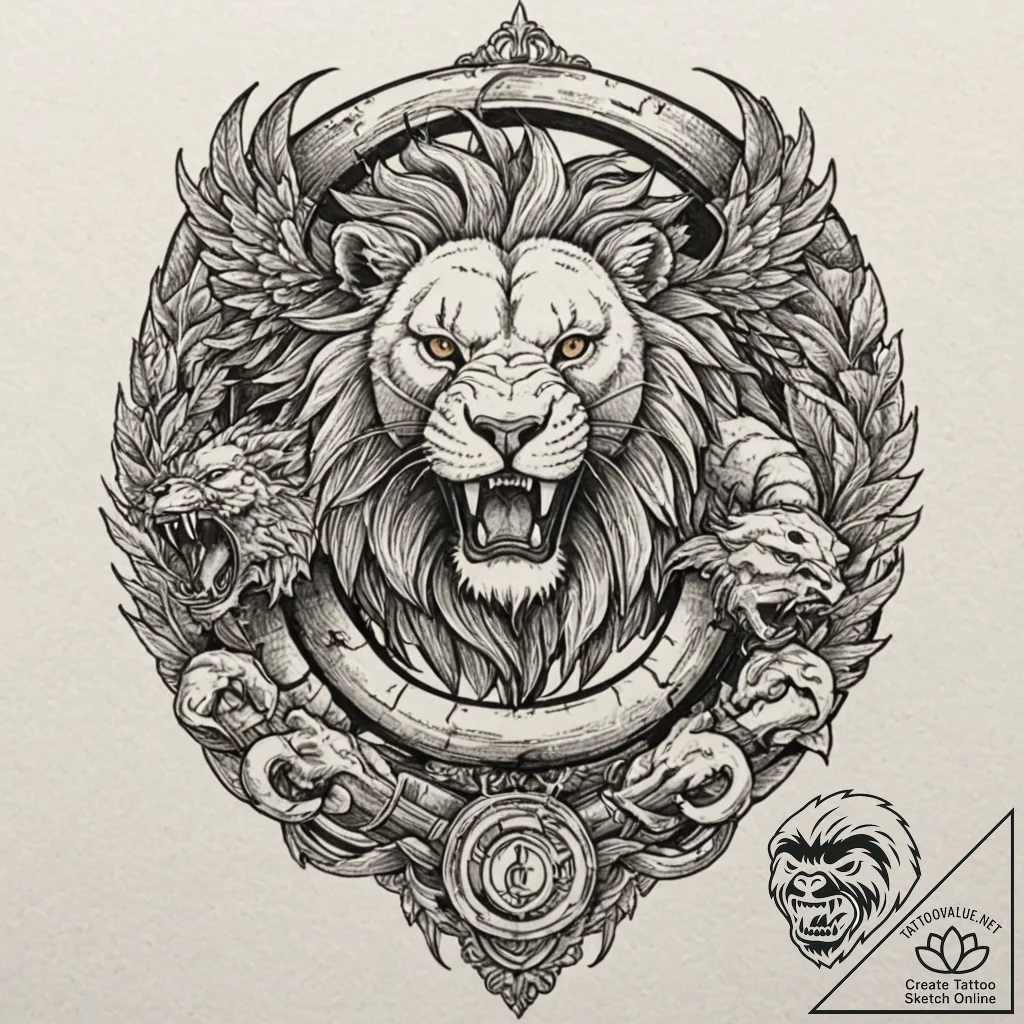 Chimera with heads of a lion, serpent, and ea... - tattoo sketch (№1753174728_0, 22.07.2025 08:58) — tattoovalue.net