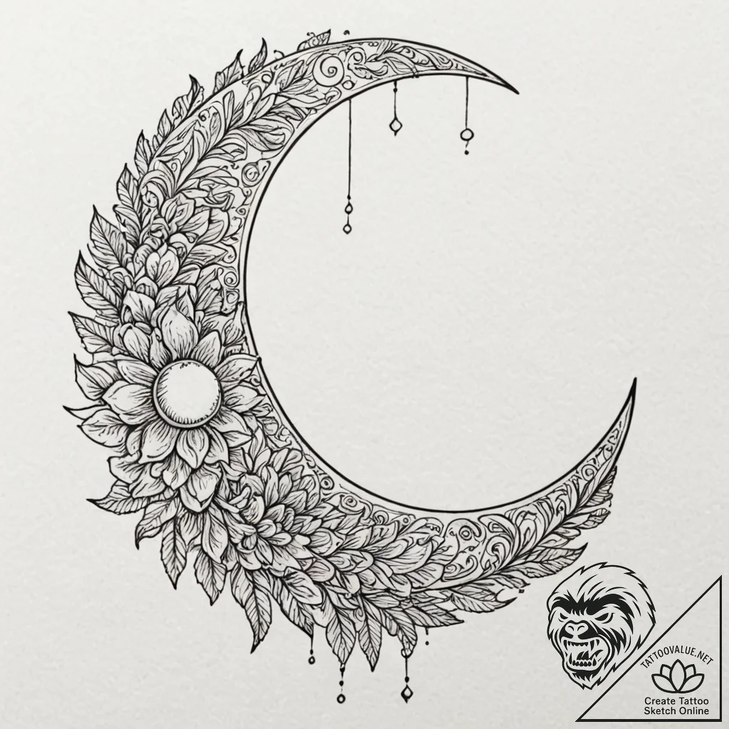 Moon, ink illustration for tattoo, on a clean... - tattoo sketch (№1753174808_0, 22.07.2025 09:00) — tattoovalue.net
