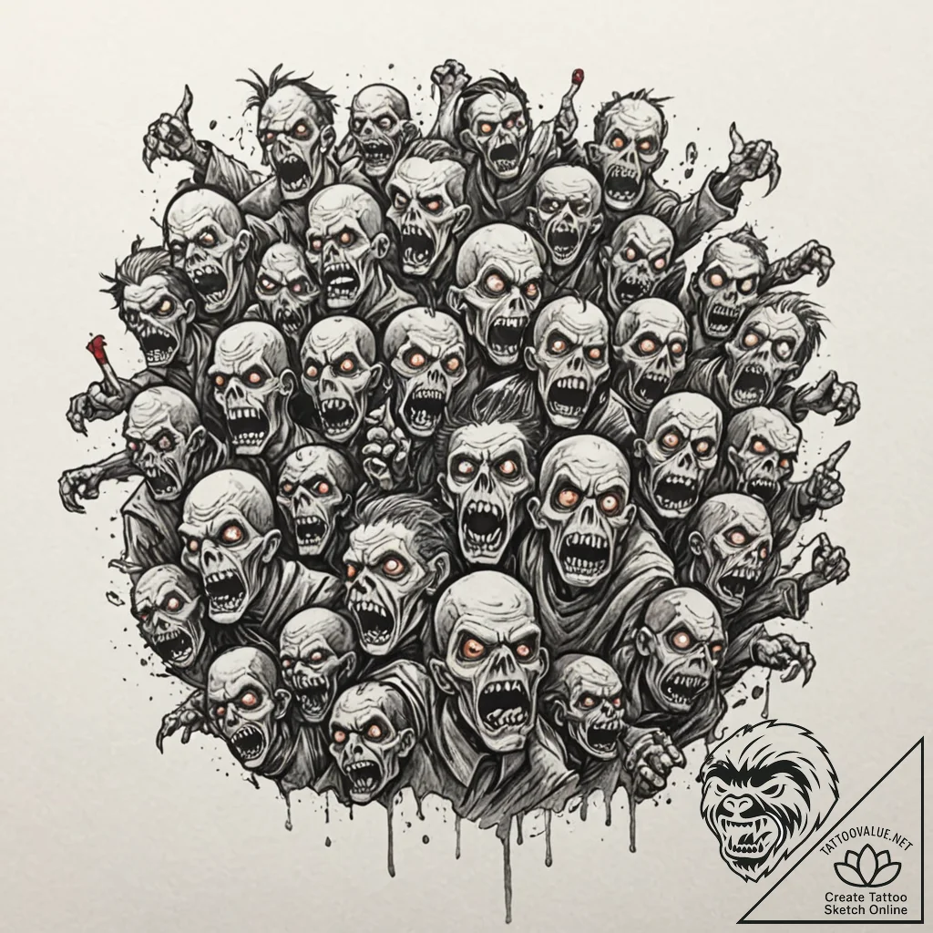 Zombie horde overwhelming a barricade, tattoo... - tattoo sketch (№1753174965_0, 22.07.2025 09:02) — tattoovalue.net