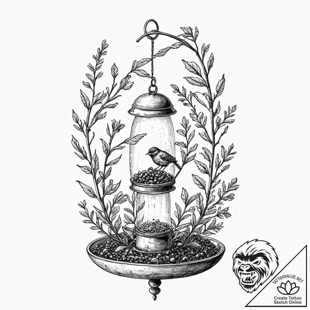 A whimsical bird feeder, nurturing,, ink illu... - tattoo sketch (№1753175595_0, 22.07.2025 09:13) — tattoovalue.net