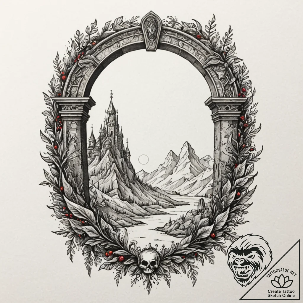 Ancient archway guarded by forgotten spirits,... - tattoo sketch (№1753175753_0, 22.07.2025 09:15) — tattoovalue.net