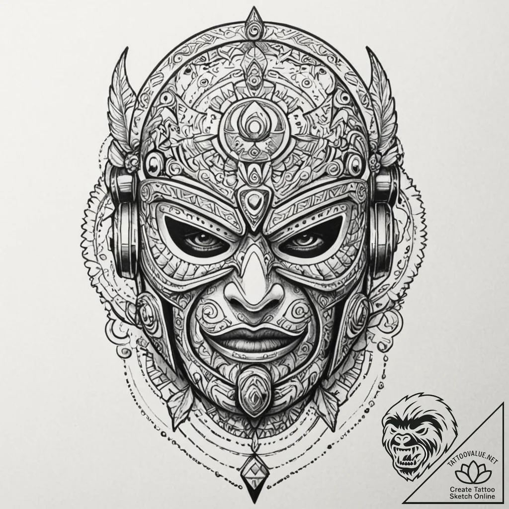 Luchador mask with intricate, aztec-cyberpunk... - tattoo sketch (№1753176383_0, 22.07.2025 09:26) — tattoovalue.net