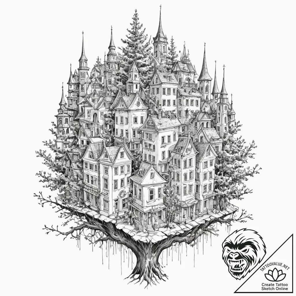Apocalyptic tree growing through buildings, t... - tattoo sketch (№1753176540_0, 22.07.2025 09:29) — tattoovalue.net