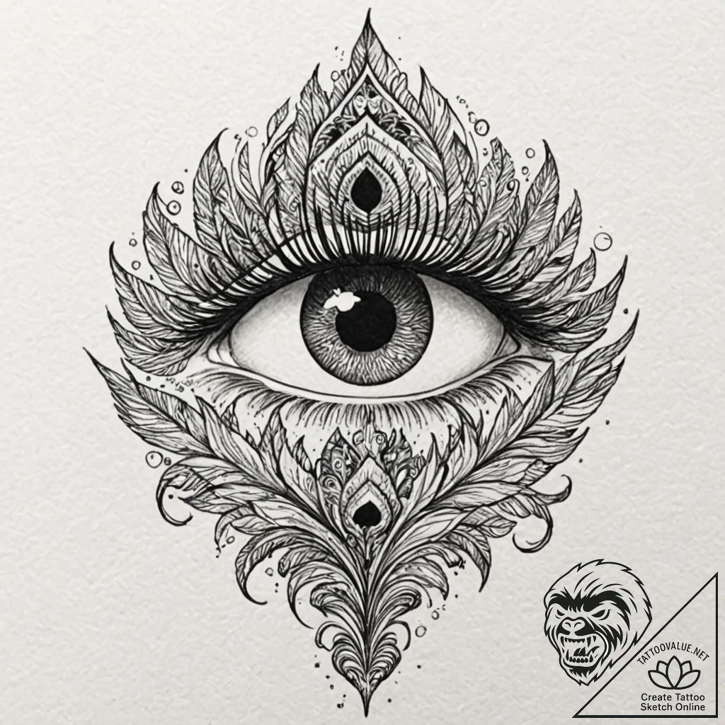 Peacock feather with the "eye" being a tiny,... - tattoo sketch (№1753176699_0, 22.07.2025 09:31) — tattoovalue.net