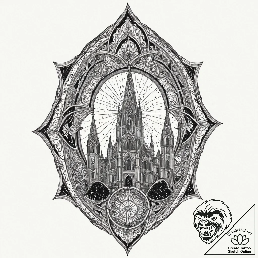 Gothic cathedral window showing a view of dee... - tattoo sketch (№1753176777_0, 22.07.2025 09:32) — tattoovalue.net
