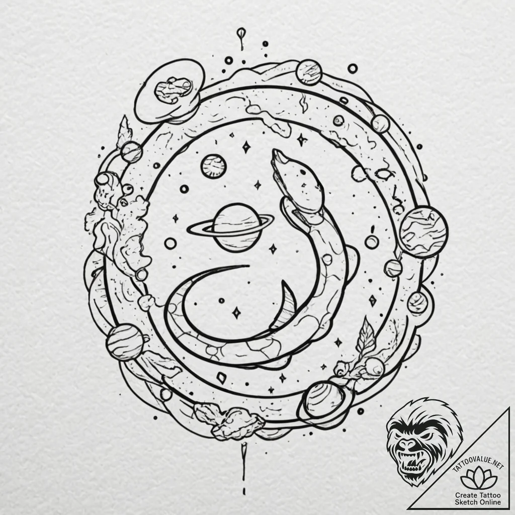Astral serpent among shattered planets, tatto... - tattoo sketch (№1753177173_0, 22.07.2025 09:39) — tattoovalue.net