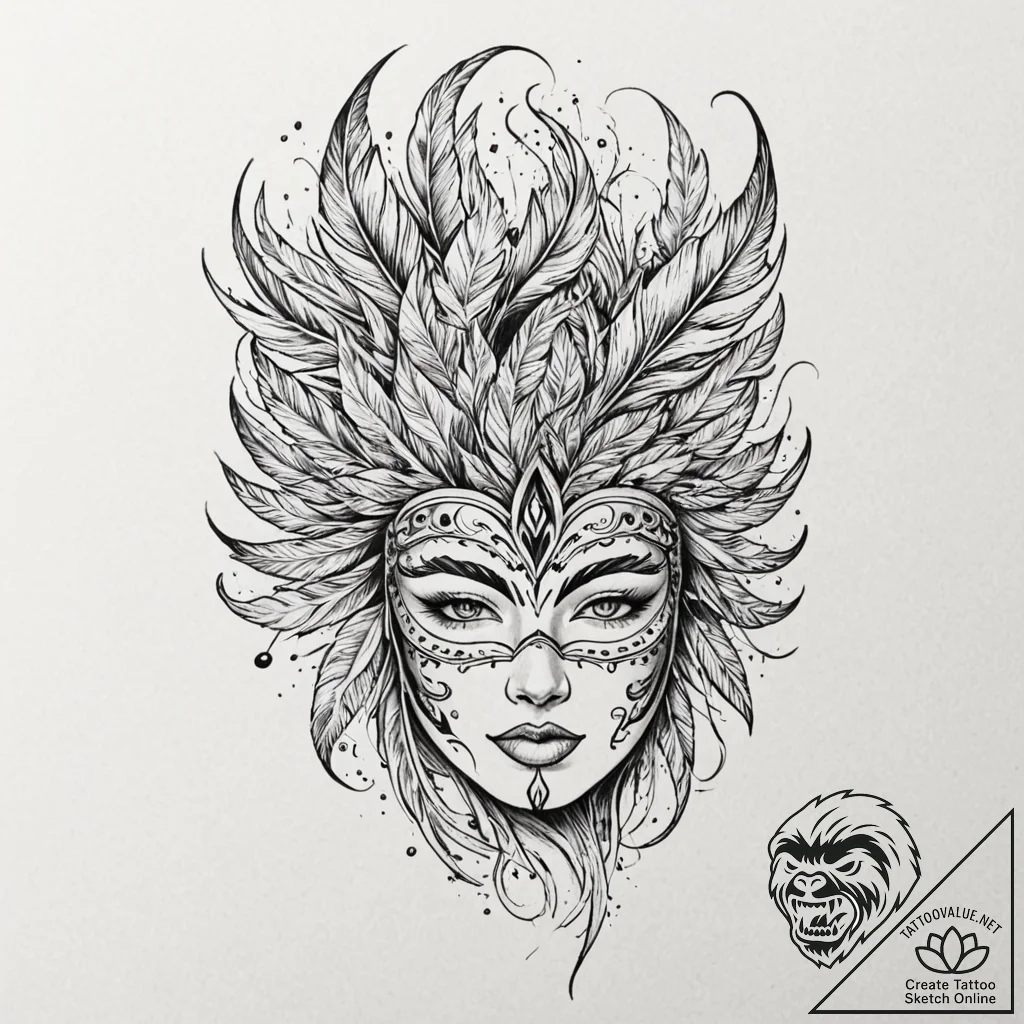 Mask of feathers caught in wind, artistic tat... - tattoo sketch (№1753177331_0, 22.07.2025 09:42) — tattoovalue.net
