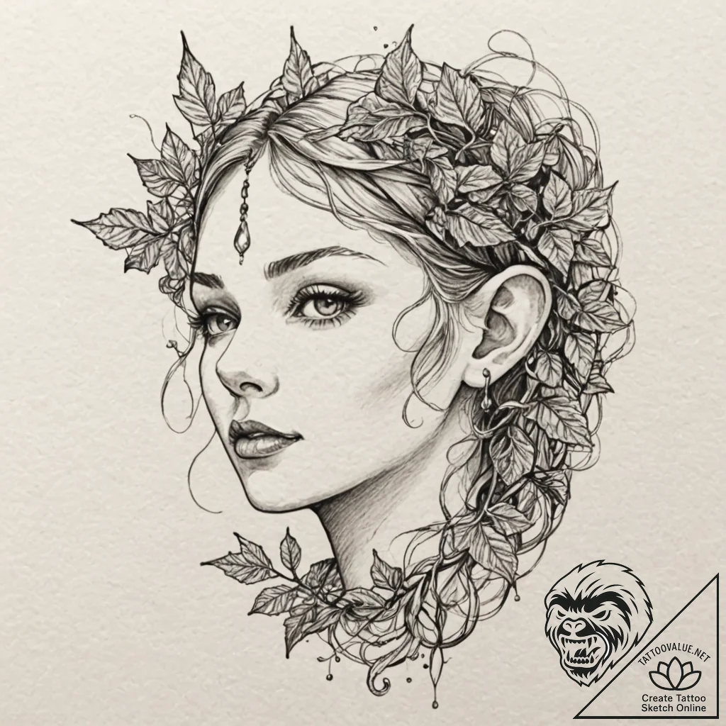 Elven ear adorned with glowing moonstones and... - tattoo sketch (№1753177568_0, 22.07.2025 09:46) — tattoovalue.net