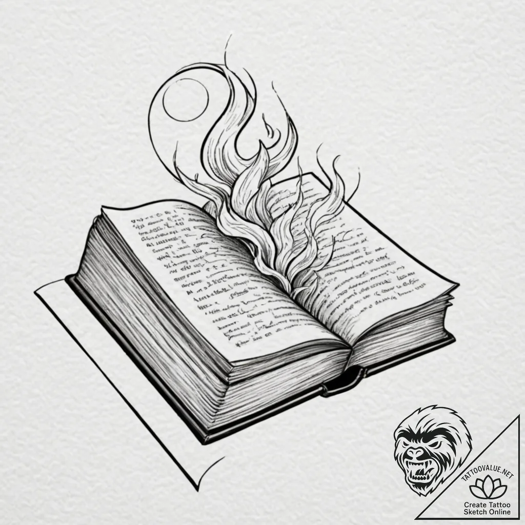 A powerful burning book with pages flying, kn... - tattoo sketch (№1753177726_0, 22.07.2025 09:48) — tattoovalue.net