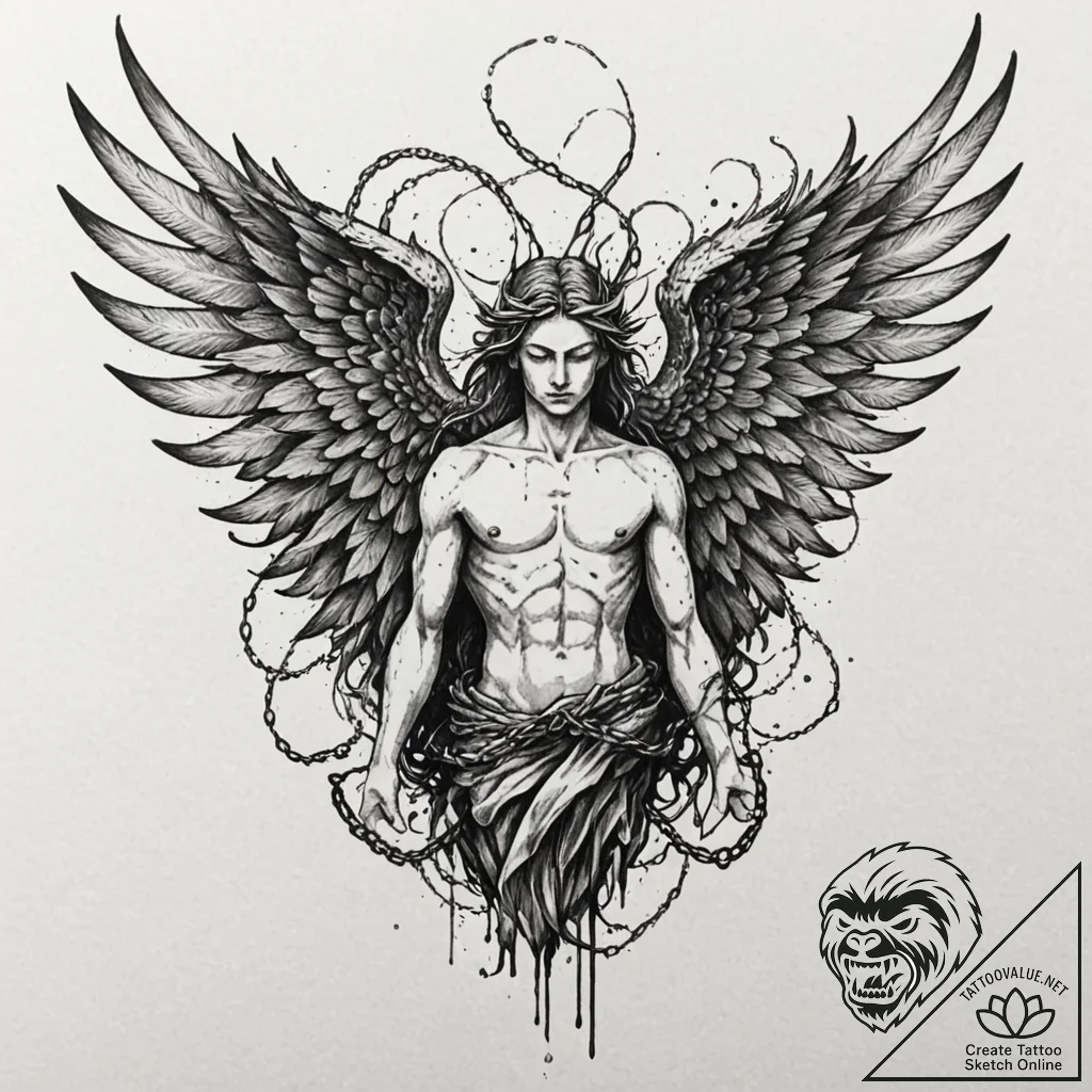 Crumbling statue with chained wings, artistic... - tattoo sketch (№1753178200_0, 22.07.2025 09:56) — tattoovalue.net