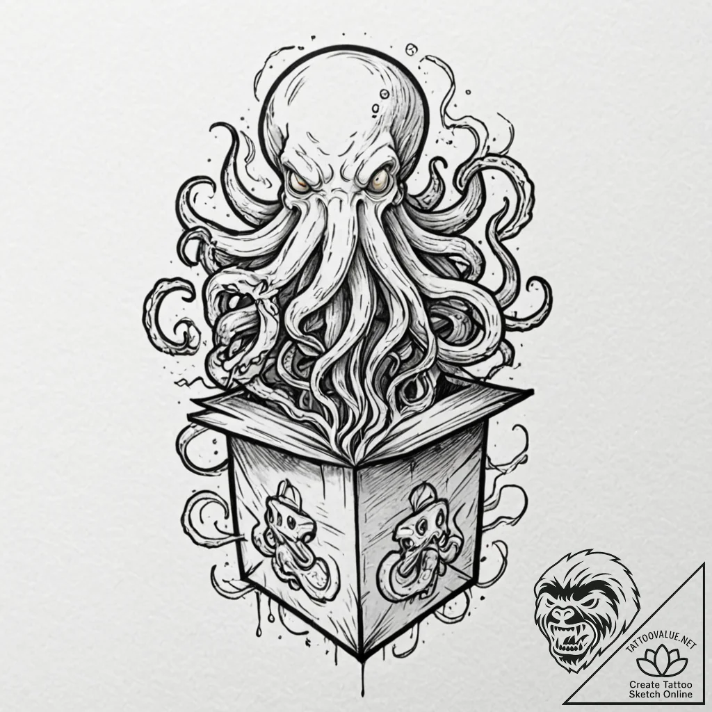 Jack-in-the-box with a cthulhu-like entity sp... - tattoo sketch (№1753178672_0, 22.07.2025 10:04) — tattoovalue.net